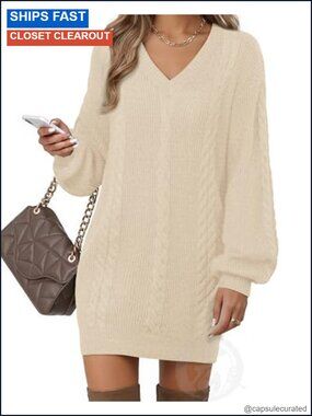 V Neck Lantern Sleeve Knit Mini Sweater Dress Casual Maternity